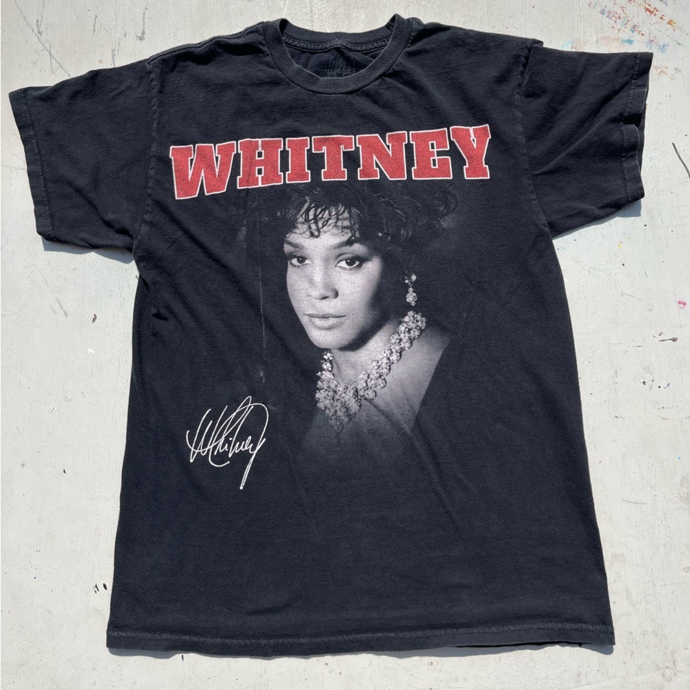 Women's Whitney Houston T-Shirt Black Spell-Out Photo M 90s‎ R&B Icon Y2K